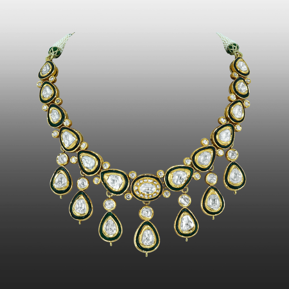 Polki Necklace with Green Enamel Detailing and Bold Design